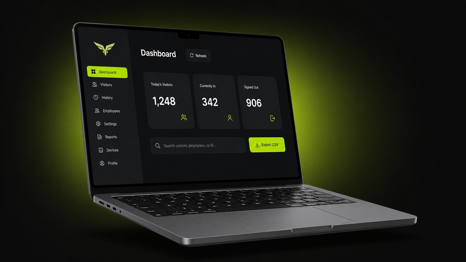 Preview of the Visit Verificator admin dashboard, showing live visitor counts and one-click CSV export